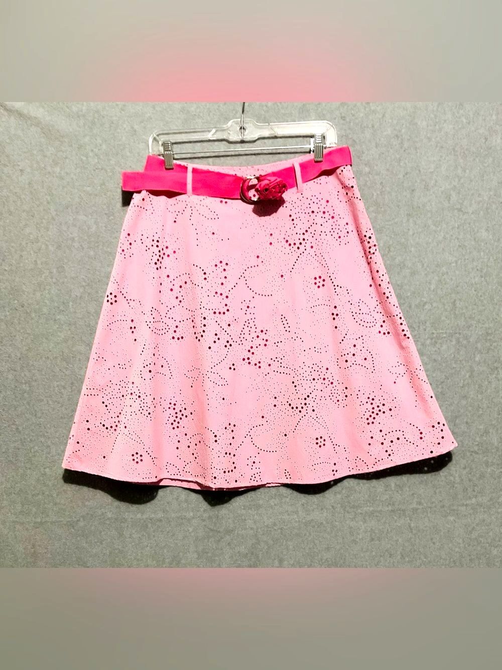 Portrait Pink Eyelet Cotton A-Line Skirt Size 10 Belted Floral Cutout Summer